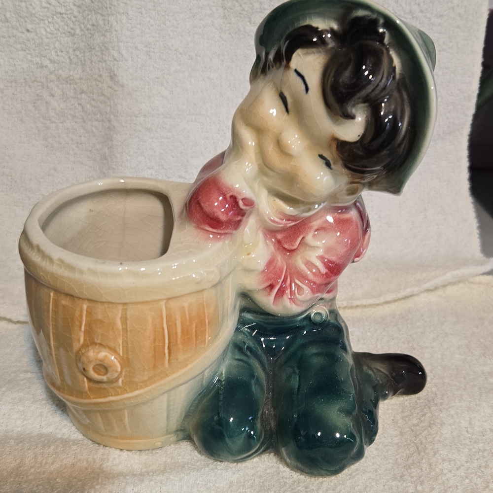 Royal Copley Planter Boy With Barrel 1950's